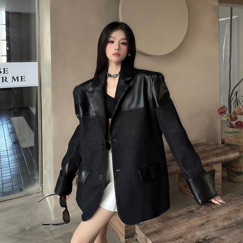 妈个鸡妈MGJM痞帅街头秋季PU皮拼接长袖西装外套宽松休闲西服男女,淘宝优惠券,粉丝福利购,淘宝优惠卷