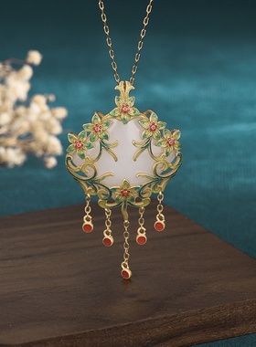 艾尔缘如意平安锁珐琅彩绘项链吊坠白玉髓挂件24k镀金古风锁骨链