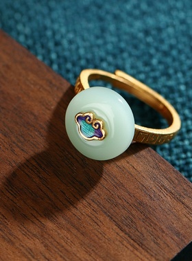 景点夜市地摊货源古法镀金珐琅滴釉祥云平安扣复古仿和田玉戒指