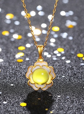 2021秋冬季国潮古典旗袍汉服配饰山茶花镶嵌二代蓝珀琥珀挂坠项链