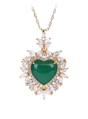 热卖中国风复古镀金镶天然玉髓彩宝心型祖母绿吊坠项链