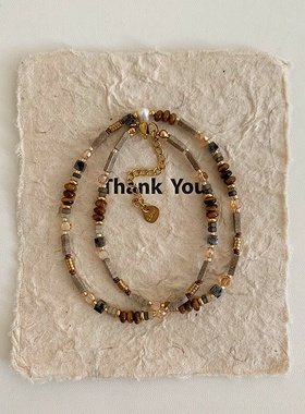 美拉德风复古小众天然石虎眼石串珠项链女轻奢小众气质锁骨链配饰