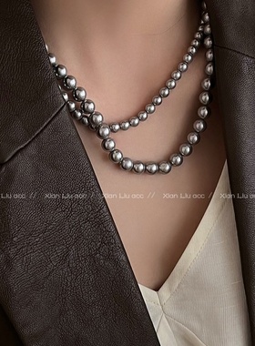 倪妮同款珍珠项链女银灰色感复古轻奢小众串珠颈链锁骨链配饰