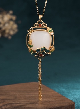 2021夏季新品仿和田玉瑬金古风复古烧蓝中国风流苏长款锁骨项链