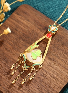 艾尔缘国潮古法金珐琅滴釉工艺镶和田玉项链女中国风复古风首饰品