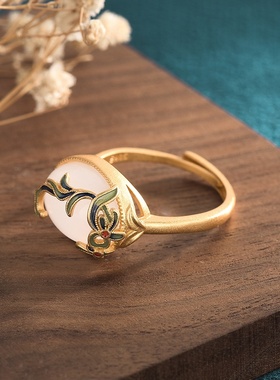 宫廷风设计中国风古装汉服女生搭配手饰古法金景泰蓝仿和田玉戒指