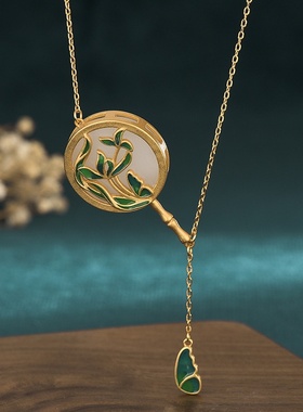 中国风汉服古装配饰珐琅彩绘古法镀金镶嵌仿和田玉宫廷扇子项链女