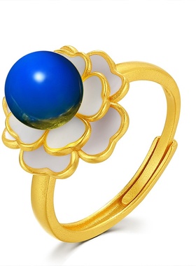 网红直播供货旗袍古装配饰古法金工艺镶嵌二代蓝珀琥珀山茶花戒指