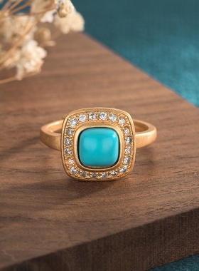 网红直播中国风古典旗袍汉服女生手饰古法金工艺镶嵌仿绿松石戒指