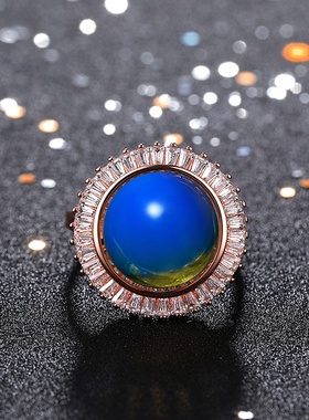 多米尼加合成二代蓝珀戒指镀玫瑰金高蓝3A净水琥珀活口戒指女款