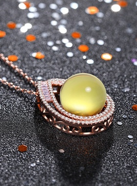 中国风古装汉服配饰镀玫瑰金色镶嵌合成蓝珀琥珀挂坠锁骨项链女