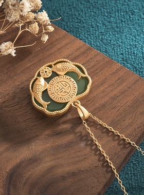 2021中国风典雅旗袍汉服配饰年年有鱼平安锁挂件仿和田玉复古项链