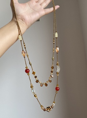 中古vintage双层陶瓷水滴花朵项链女复古小众感个性锁骨链潮