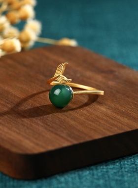 直播间福利款人鱼泡沫鱼尾宫廷风镶嵌天然玉髓复古开口戒指女