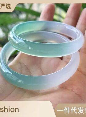 天然玉髓手镯半山半水冰种远山黛玛瑙玉镯渐变青绿色玉镯女送礼