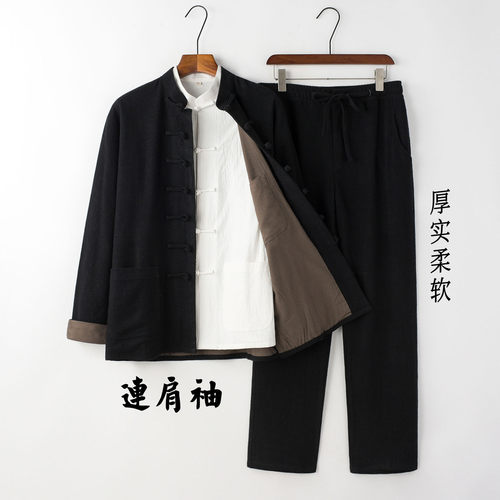 亚麻唐装男中青年连肩袖复古外套中式汉服男装三件套休闲套装禅服 - 图3