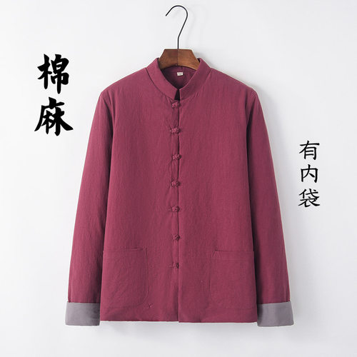 改良唐装棉袄男士青年中式棉衣冬装加厚外套汉服棉麻男装复古棉服 - 图3