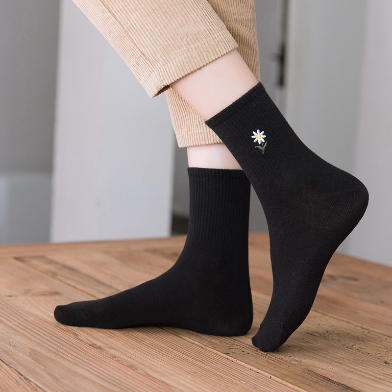 新品秋冬纯棉刺绣小花高腰中筒袜子 zedeye短袜/打底袜/丝袜/美腿袜