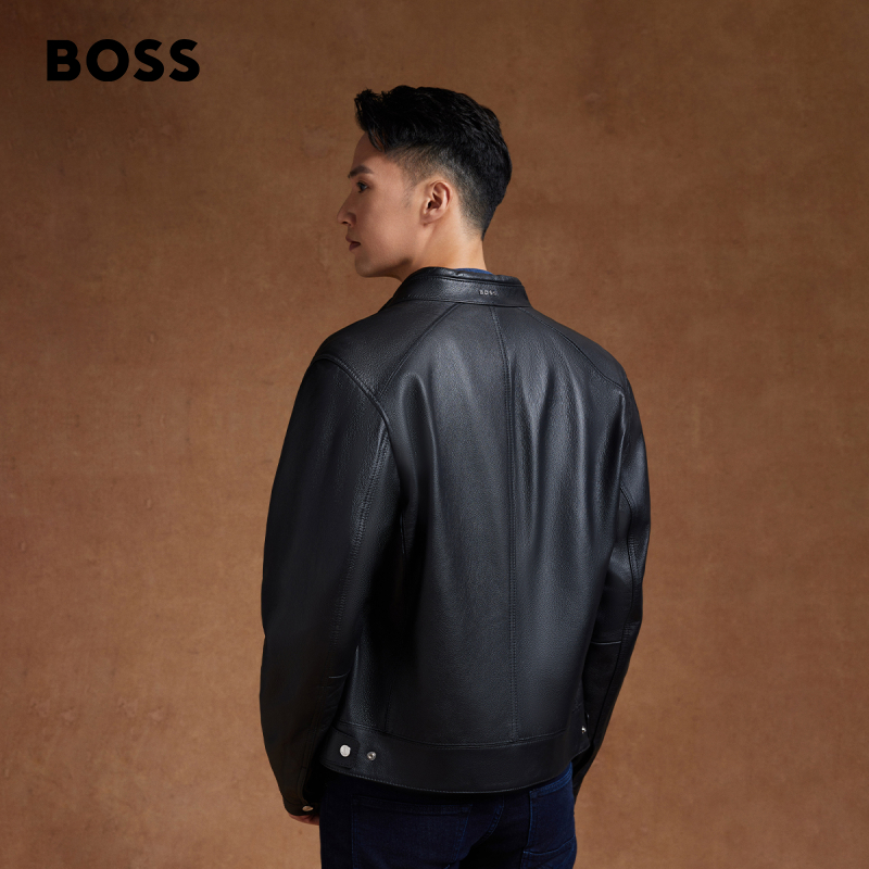 【机车风羊皮】BOSS男士立领双拉链复古风皮夹克