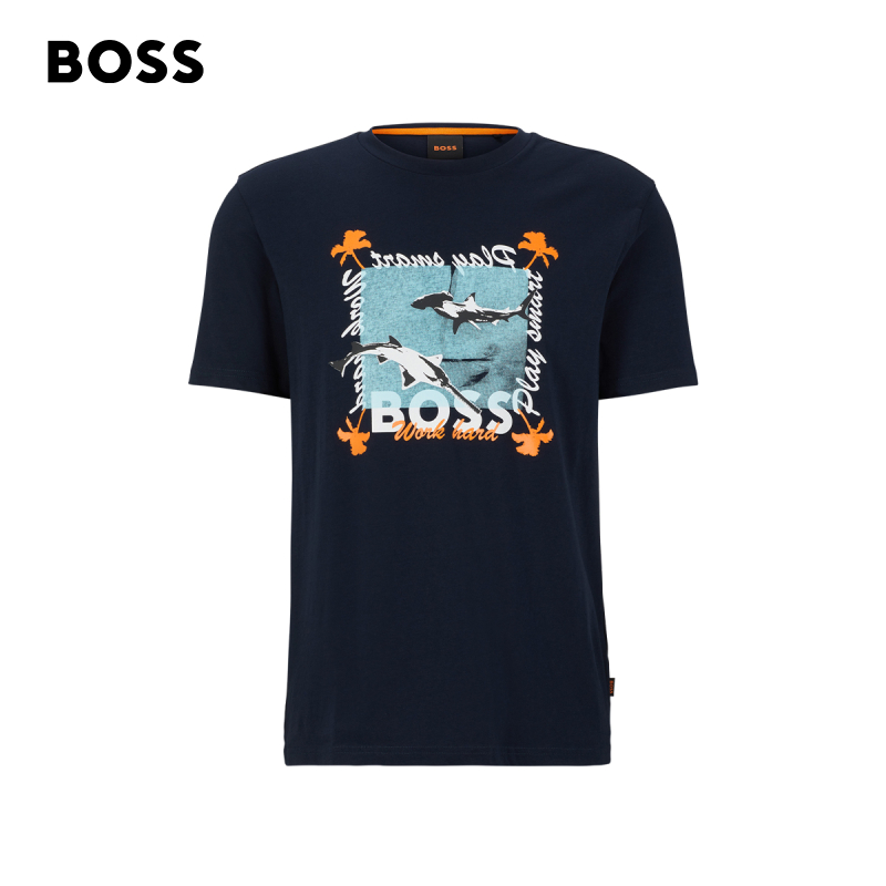 BOSS HUGO BOSS 雨果·博斯 Teeshark 2023春新款男士纯棉印花短袖T恤 50491716