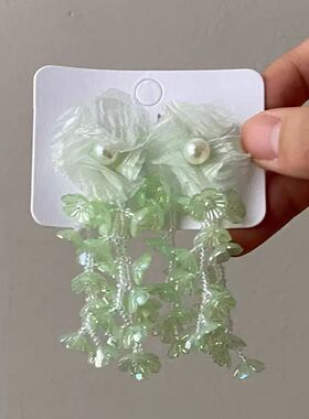 布艺花朵串珠流苏耳环春夏爆款