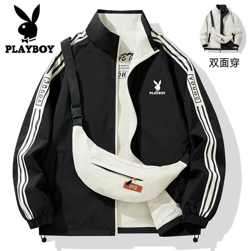 playboy花花公子夹克男春秋季新款双面穿立领外套青少年潮流上衣 - 图3