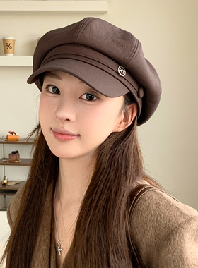 英伦PU皮女秋冬报童贝雷帽显脸小