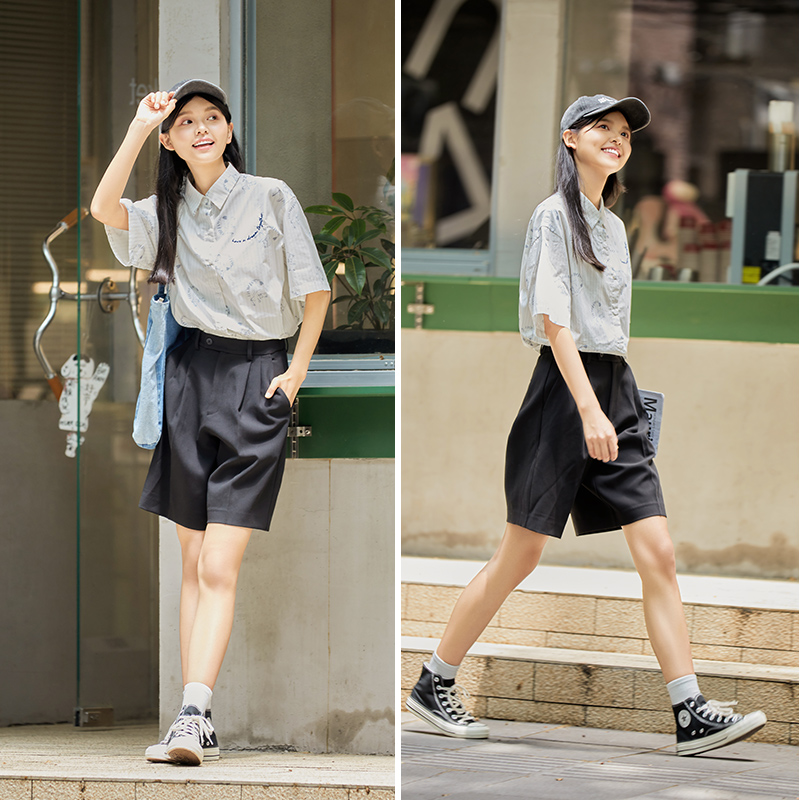飞鸟和新酒阿喵印花衬衫女2023夏季新款