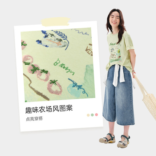 飞鸟和新酒印花短袖T恤女2025夏季新款短款宽松时尚纯棉圆领上衣