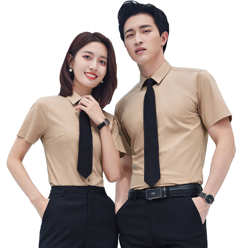 高档商务蓝色短袖衬衫套装夏季工作服女衬衣定制LOGO职业工装衬衫