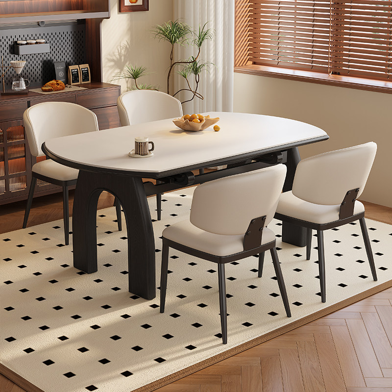 法式现代轻奢岩板全托餐桌椅组合方圆两用形可伸缩小户型家用饭桌,淘宝优惠券,粉丝福利购,淘宝优惠卷