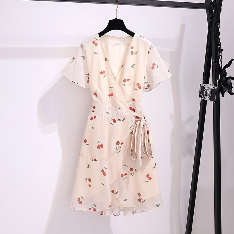 v领雪纺2020新款气质收腰女碎花裙 castlerain城堡雨连衣裙