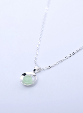 绿色猫眼石项链s925银日韩简约圆形吊坠小清新短款颈链锁骨链饰品