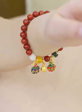 国潮天然南红吞金兽手链一家三口