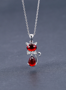 s925小猫吊坠红色甜美风可爱锆石
