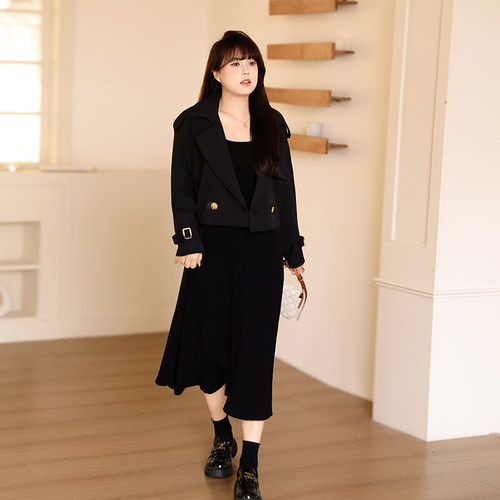 慕翎大码女装通勤西装领外套两件套胖MM显瘦遮肚针织背心裙套装 - 图2