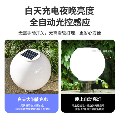 太阳能户外庭院大门两侧柱子头灯围墙亚克力别墅圆球形装饰灯防水 - 图0