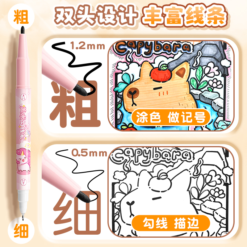 记号笔双头勾线笔极细儿童描线笔小学生美术专用黑色油性防水速干马克笔柔绘笔幼儿园丙烯超细绘画描边手绘笔 - 图1