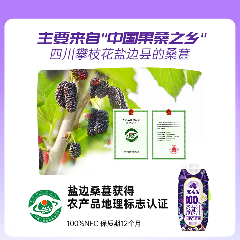 宝桑园桑葚汁12盒330ml桑椹汁广东农科院NFC果汁桑果汁桑椹原汁_宝桑园会员店_咖啡/麦片/冲饮-第2张图片-提都小院