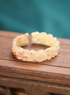 纯手工雕刻镂空茉莉手镯古风送女友礼物女款手环精雕天然羊角镯子