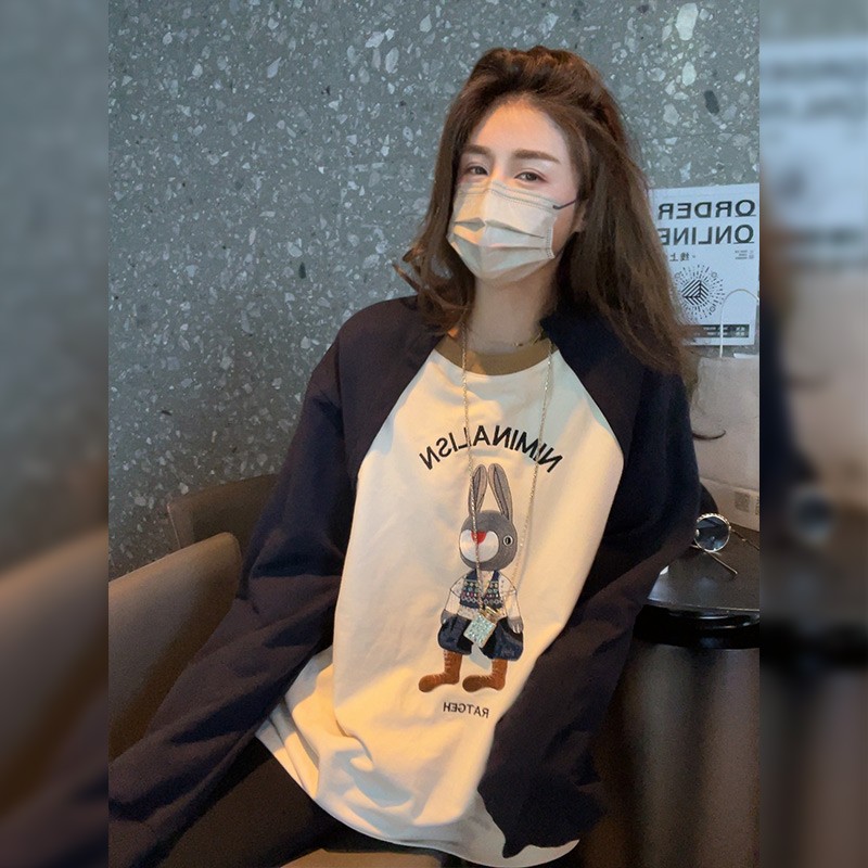 欧货高级感卡通印花T恤女2023年春季新款宽松长袖上衣内搭打底衫