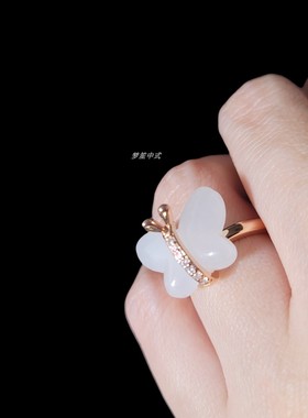 国标天然和田玉野牛沟冰坑羊脂玉18k镶蝴蝶活口戒指无优化无染色