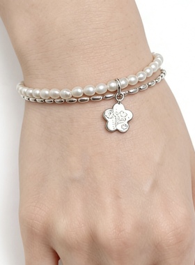 圣诞礼物 天然珍珠s925纯银手链苹果花朵公主气质手链