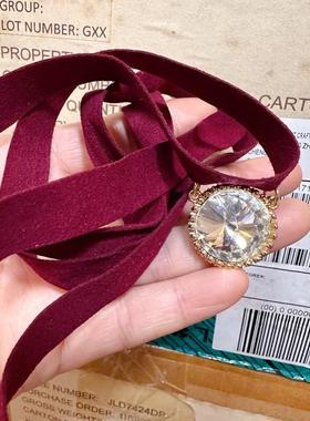 酒红色丝绒宝石项链choker颈链