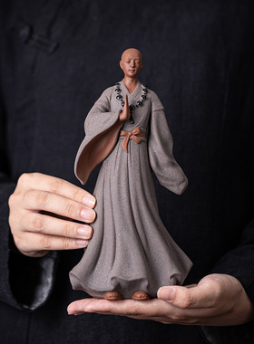 国潮中式禅意佛缘小和尚摆件小沙弥紫砂工艺品茶室博古架家居摆饰