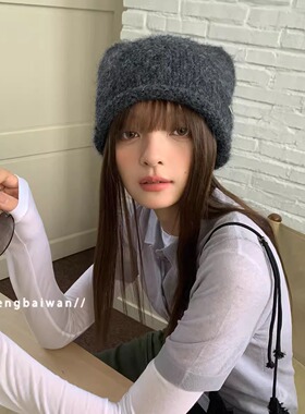 郑佰万 毛绒绒俏皮猫耳朵帽子女休闲包头冷帽羊毛混纺秋冬毛线帽
