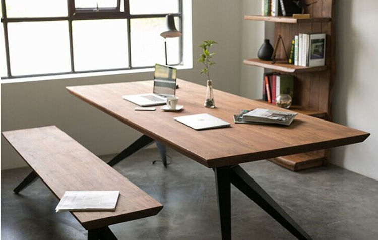 美式铁艺实木餐桌椅组合简约现代会议桌工业风工作台实木办公桌子