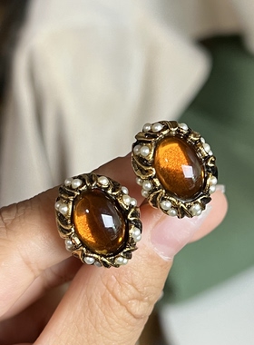 中古vintage维多利亚宫廷风 珀色琉璃胸针耳夹套组