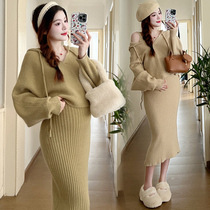 Pregnant Woman Lian Dress Dress New Fashion Temperament Autumn Winter Tandem Hat Hood Superior Knit Pendant With Skirt Suit Winter Clothing Tide