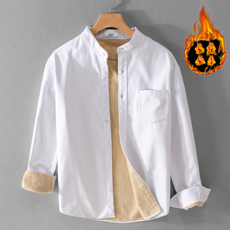 冬季男装加绒加厚长袖衬衫无领休闲纯棉牛津纺衬衣圆领保暖上衣服 - 图1